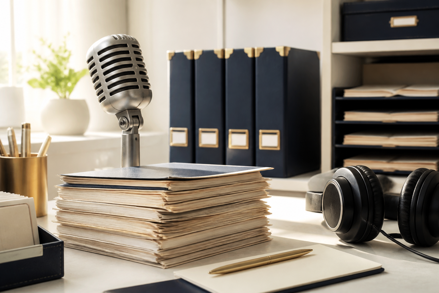 Vintage microphone, archive papers and lecture folders